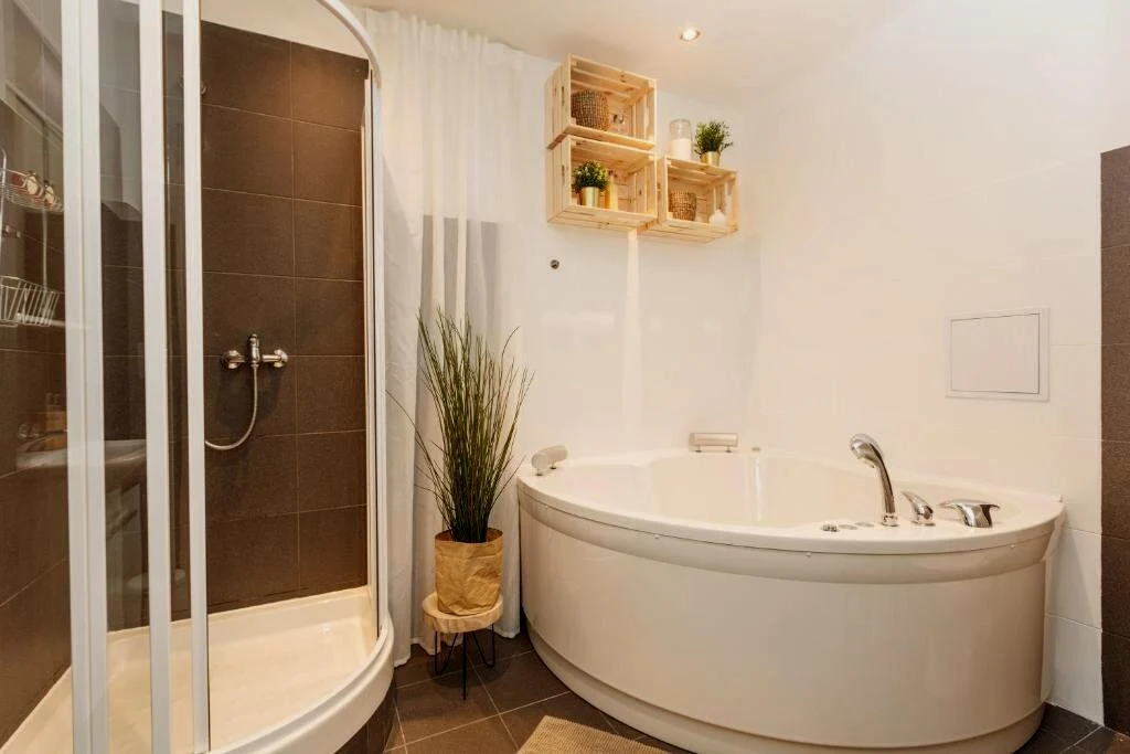 Soukromá vířivka a sprchový kout wellness apartmánu 102