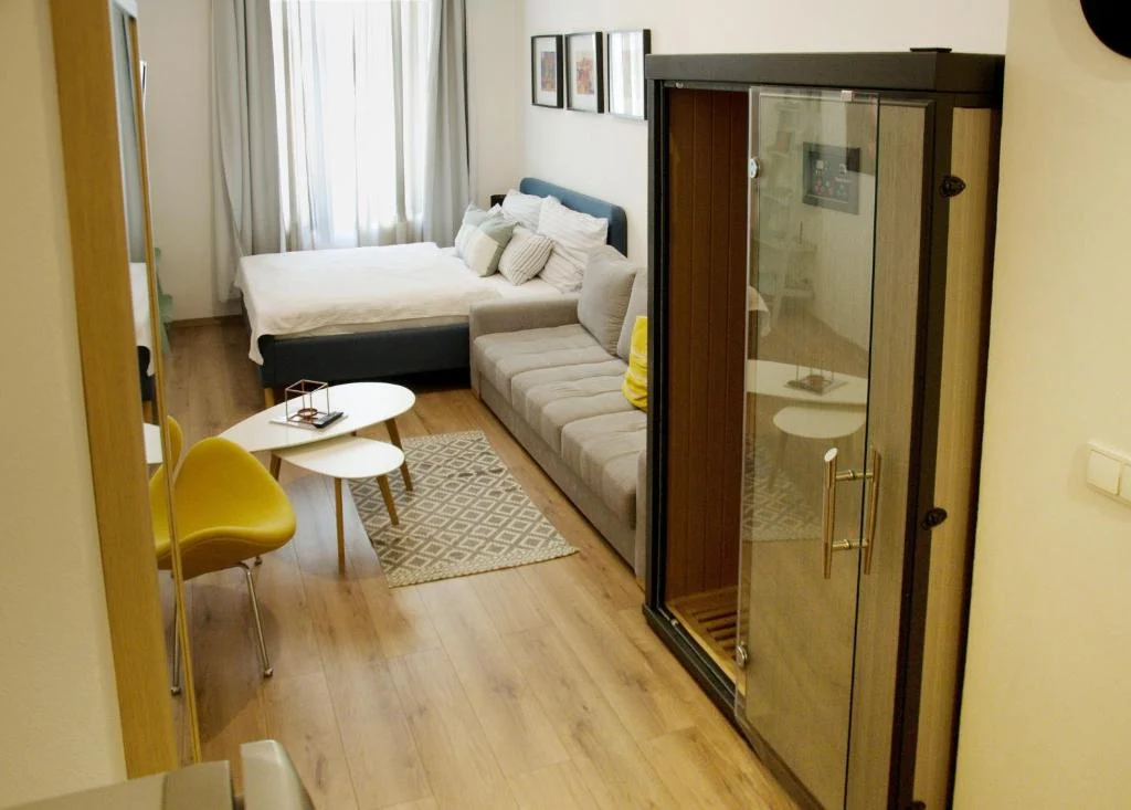 Interior view 2 of the Sauna Room apartment type at CHILL Apartments