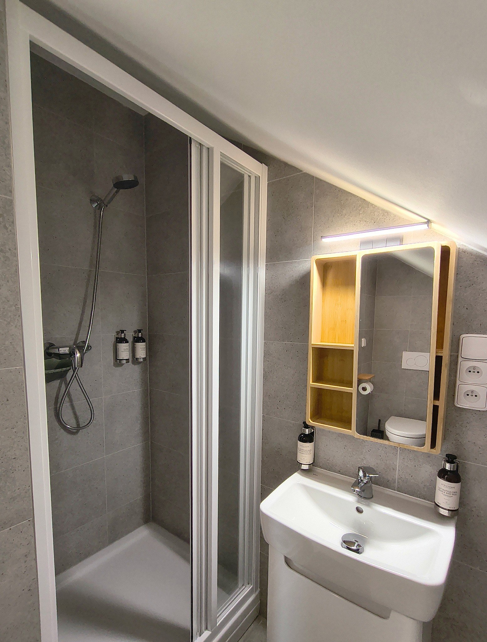 Shower and washbasin in the private bathroom of studio 401