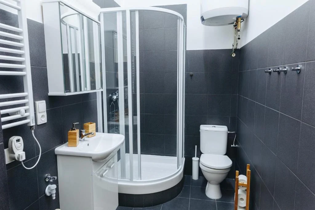 Koupelna se sprchou a WC v reprezentativním apartmánu kategorie Classic M