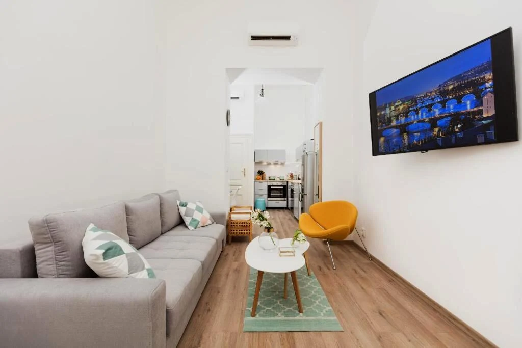 Obývací část kategorie Classic M s pohovkou, Smart TV a kuchyňským koutem